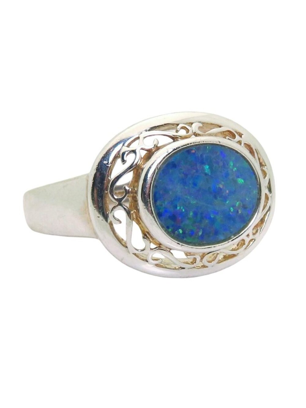 Estate Sterling Silver Opal Ring with Filigree Scroll Design (Size 6.25)